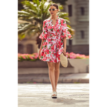 Carica l'immagine nel visualizzatore di Gallery, Abito Corto Floreale Iconique Bianco e Fucsia con Cintura