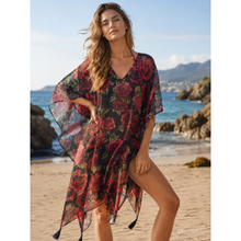 Carica l'immagine nel visualizzatore di Gallery, Copricostume Ayfee Fantasia Rose Rosse Nero in Cotone con Nappine