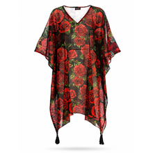 Carica l'immagine nel visualizzatore di Gallery, Copricostume Ayfee Fantasia Rose Rosse Nero in Cotone con Nappine
