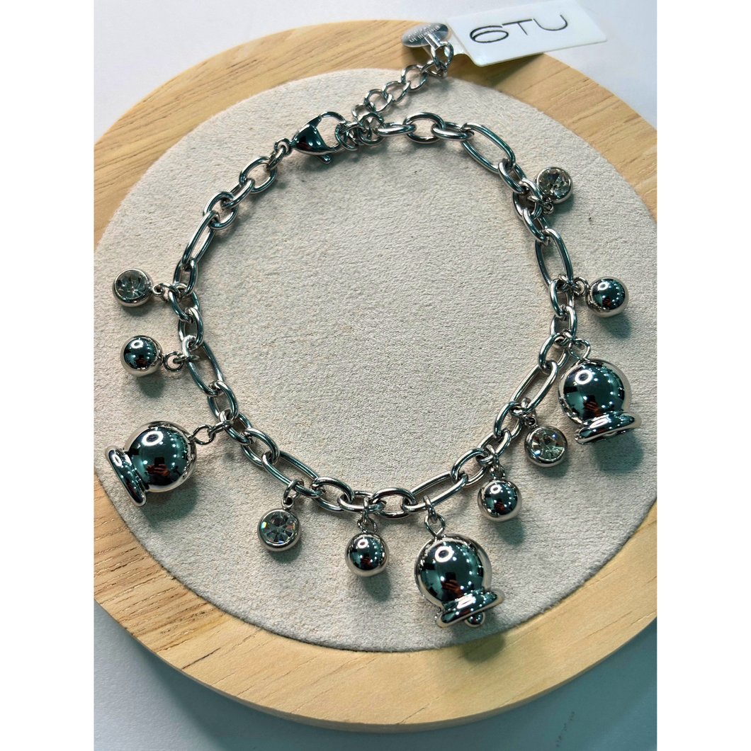 Bracciale 6TU in acciaio argentato con charms sferici e cristalli