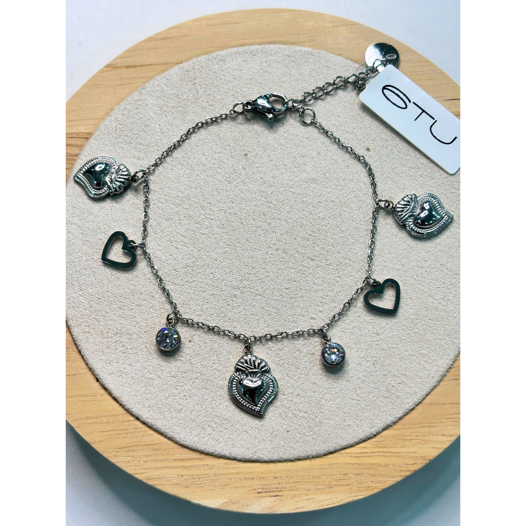 Bracciale 6TU in acciaio con charms cuore e pietre luminose